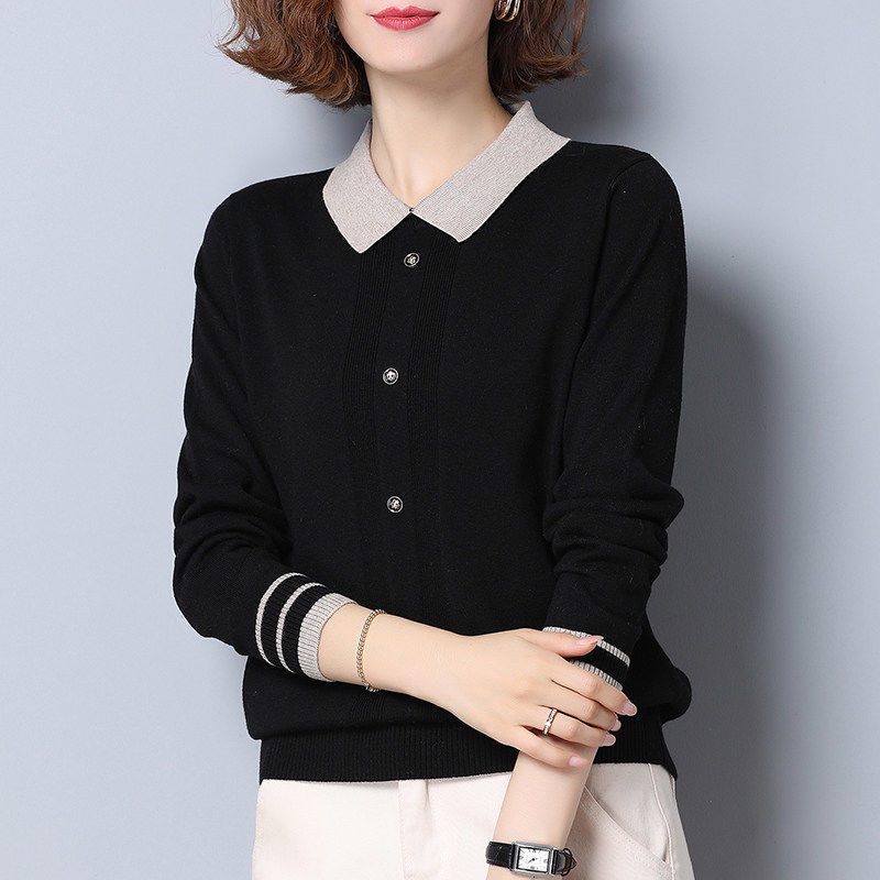 Áo Sweater Dệt Kim Dày Dặn Cổ Bẻ Cột Dây Phong Cách Mới Cho Nữ Trung Niên