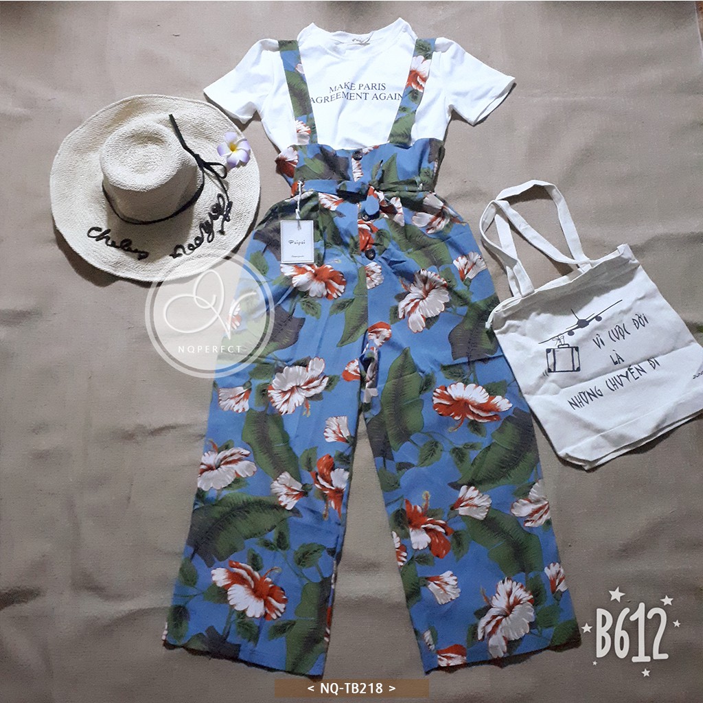 Set thời trang jumpsuit ngắn tay (T-Shirt + Jumpsuit dây eo cao) in hoa phong cách retro