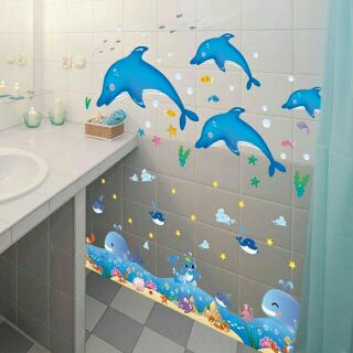 Combo 2 tranh decal dán chân tường cá và đàn cá heo