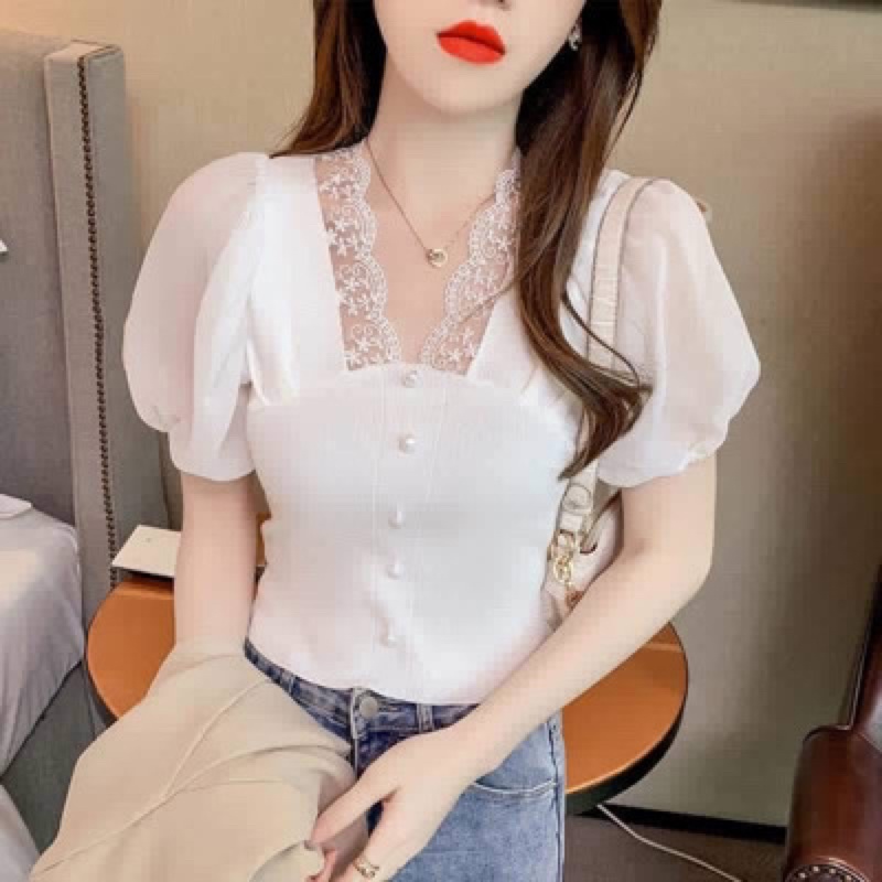 Áo phông dáng croptop tay phối voan mỏng