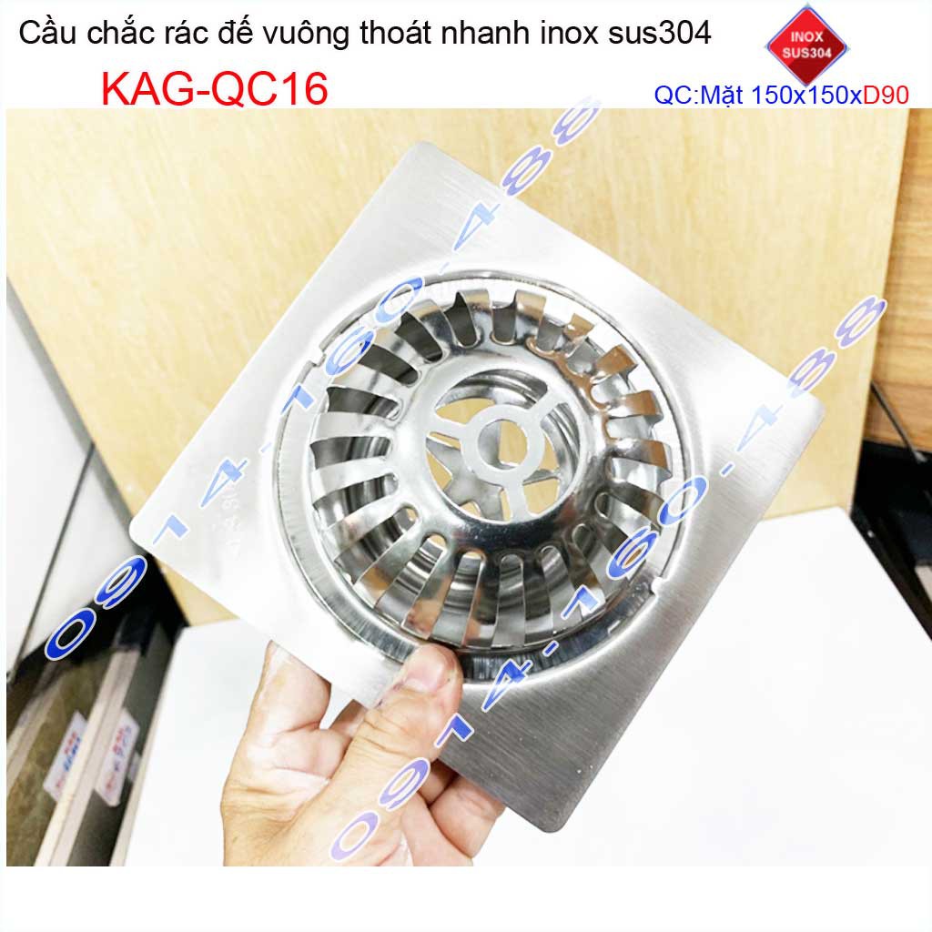 Cầu chắn rác đế vuông 15x15cm D90 KAG-QC16, Phễu thoát nước sân thượng SUS304 ống 9cm thoát nhanh chắn rác tốt