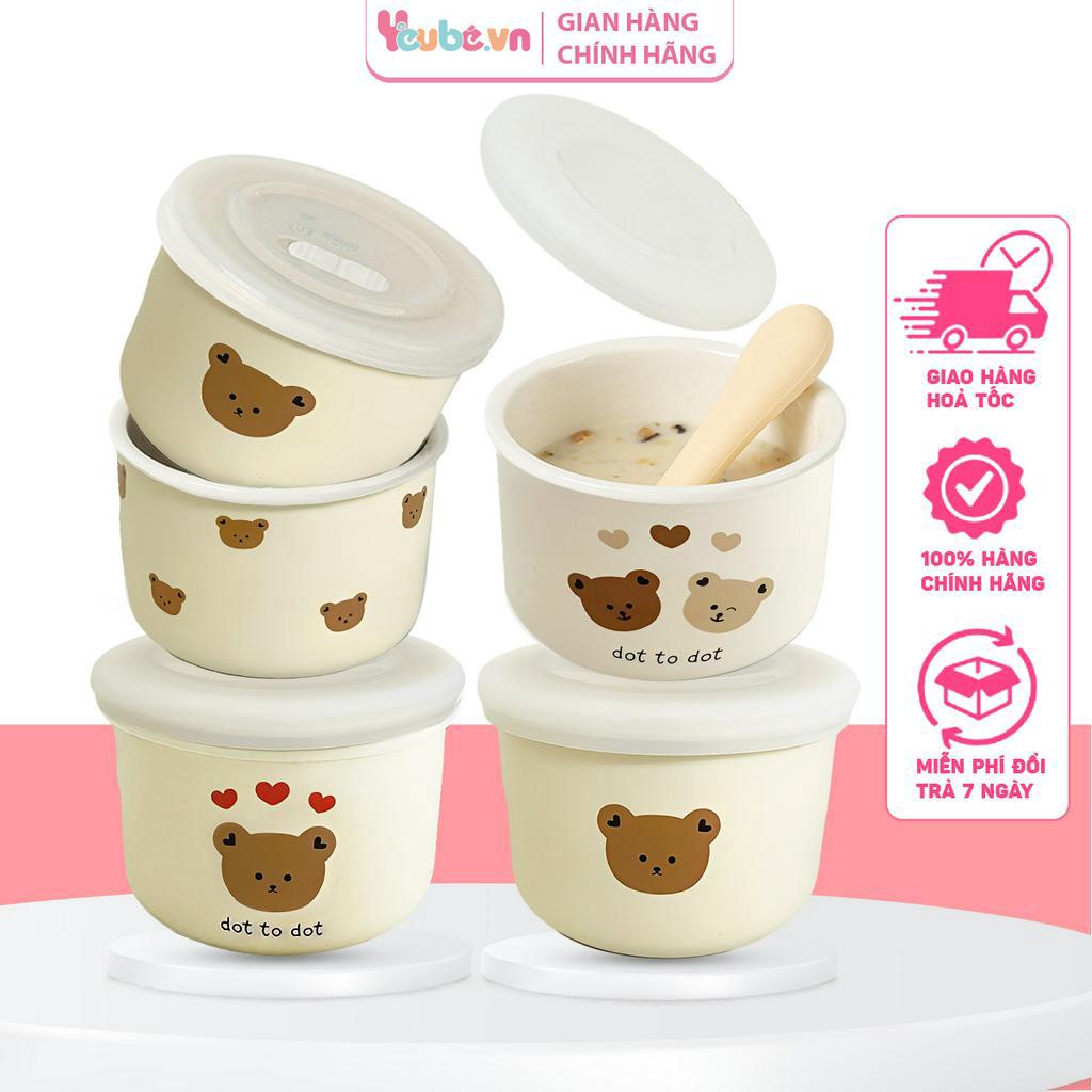 Bát sứ ăn dặm YEUBEVN hũ sứ cốc đựng thực phẩm cho bé phong cách Hàn Quốc có nắp đậy silicon hình gấu dễ thương 200ml
