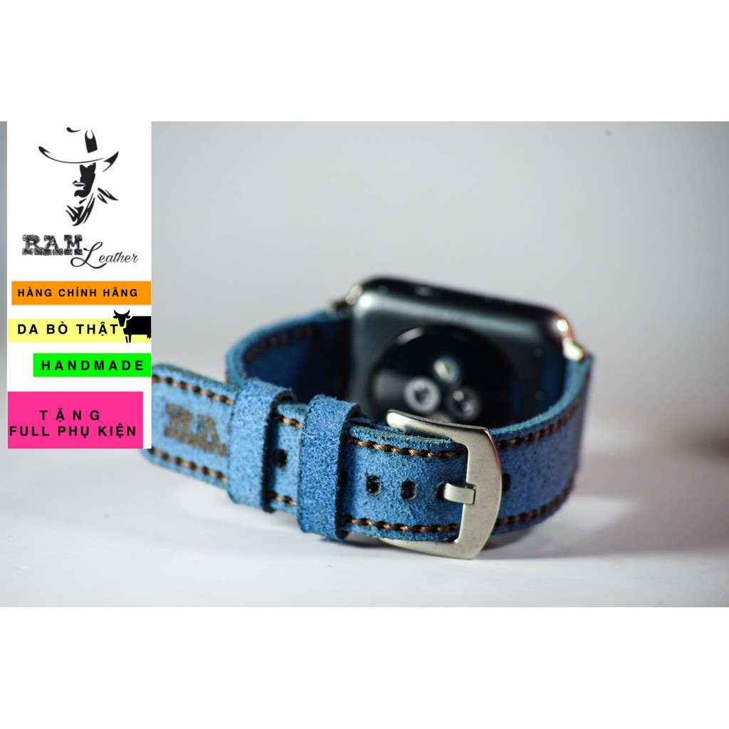 Dây đồng hồ Apple Watch , Iwatch , Iphone Watch Da Bò Lộn Xanh Coban RAM Leather Classic 1963  Bền Đẹp