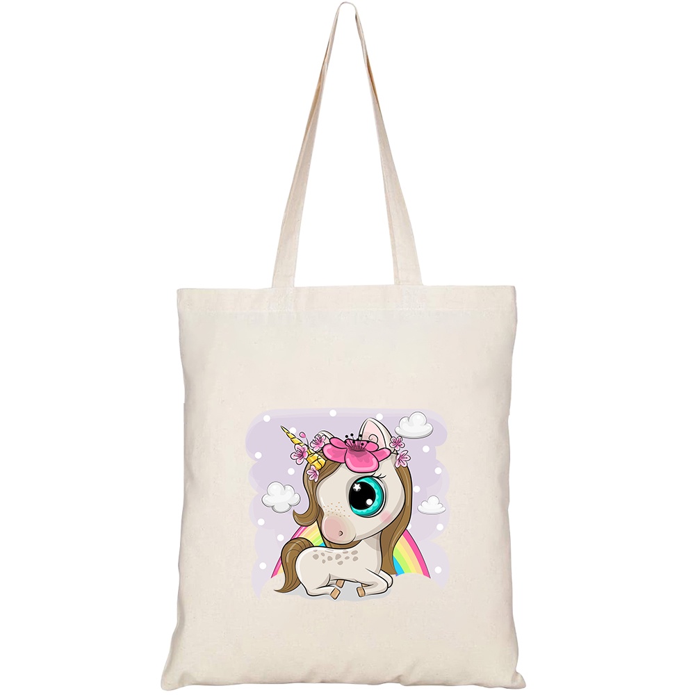 Túi vải tote canvas HTFashion in hình cute cartoon unicorn flowers on HT499