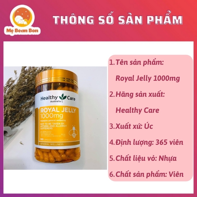 Sữa ong chúa Healthy Care Royal Jelly 1000 365 viên cung cấp nhiều vitamin cho cơ thể hỗ trợ làm đẹp da làm chậm lão hoá