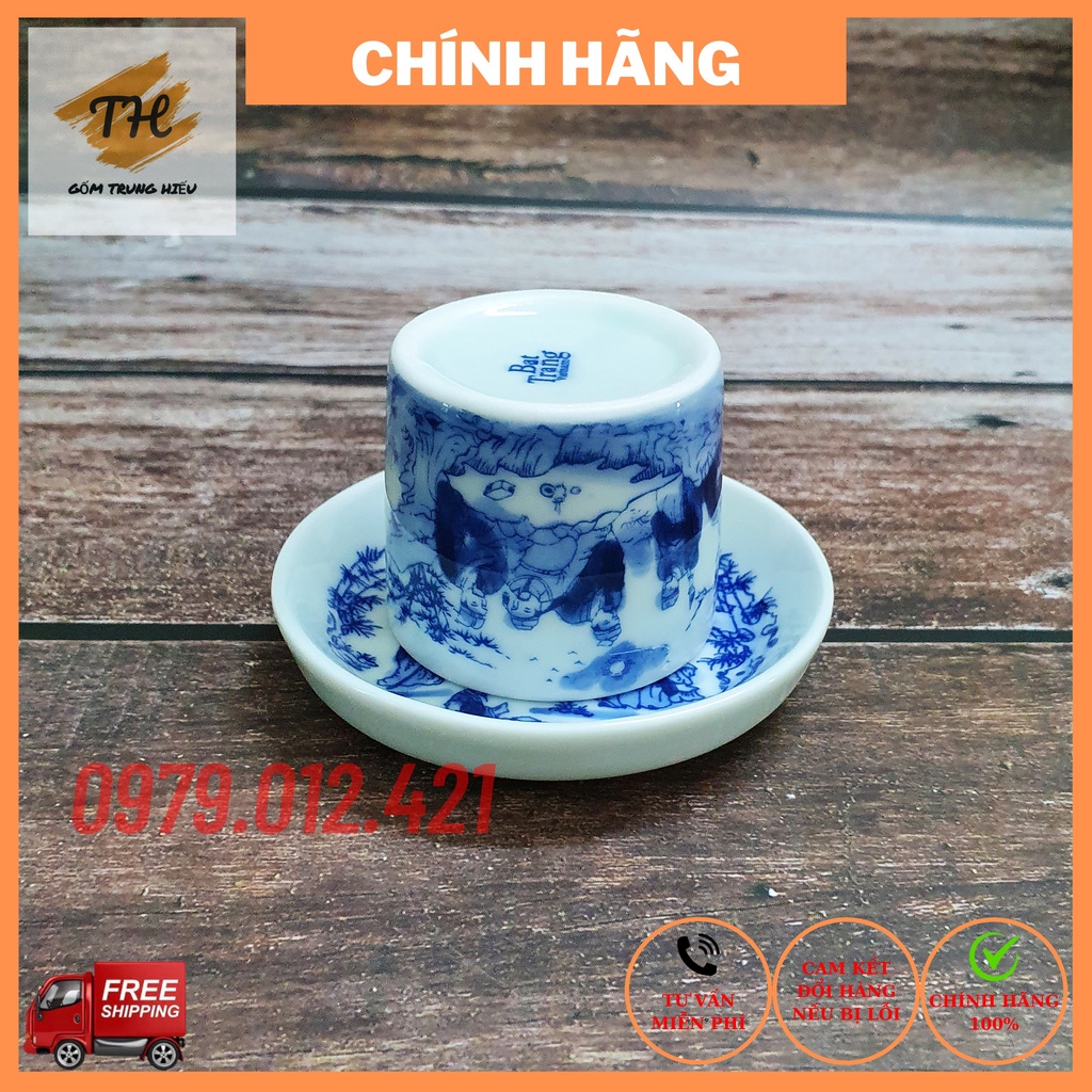 Bộ chén đĩa lẻ uống trà xanh men lam Bát Tràng cao cấp tích trúc lâm thất hiền