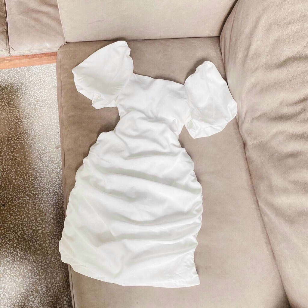 Đầm ôm body nữ đan dây hở lưng, đầm cổ vuông nhún tay phồng, đầm đen trắng nhún hông đi chơi dạo phố sexy