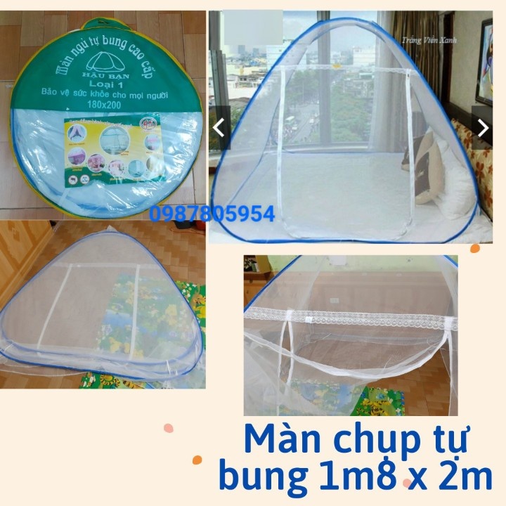 [TRỢ GIÁ] Màn Chụp Tự Bung 1m8x2m Hậu Bạn - Hàng Cao Cấp, Màn Chụp Tự Bung - Màn Trắng Viền Xanh Chống Muỗi, Màn Du Lịch