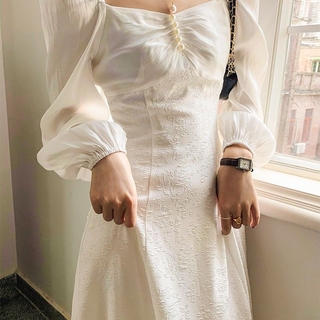 Đầm Tay Dài Cổ Vuông Vải Jacquard Thời Trang Mùa Thu Cho Nữ