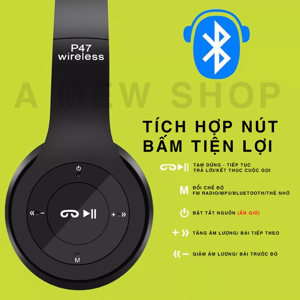 Tai Nghe Không Dây Chụp Tai Headphone Bluetooth P47 - Có Khe Cắm Thẻ Nhớ - Nút bấm tích hợp - Âm Thanh Đỉnh Cao - A MEW