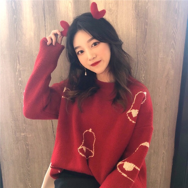 SẴN| ÁO LEN ĐỎ HOẠ TIẾT NOEL BẮT MẮT