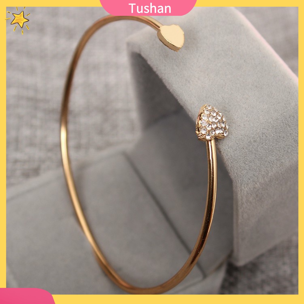 TUSH_Women Double Heart Rhinestone Inlaid Opening Cuff Bracelet Bangle Jewelry Gift