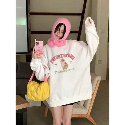 Áo sweater cổ tròn dáng rộng in hình mèo đáng yêu xinh xắn thời trang thu đông 2022