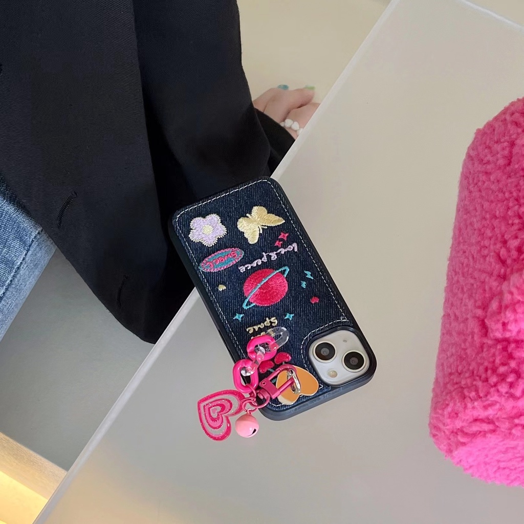 Ốp Điện Thoại Tpu denim Mềm Chống Trượt Thêu Hình Hoạt Hình Có Dây Đeo Cổ Tay Cho iphone 11 12 13 pro xs max xr