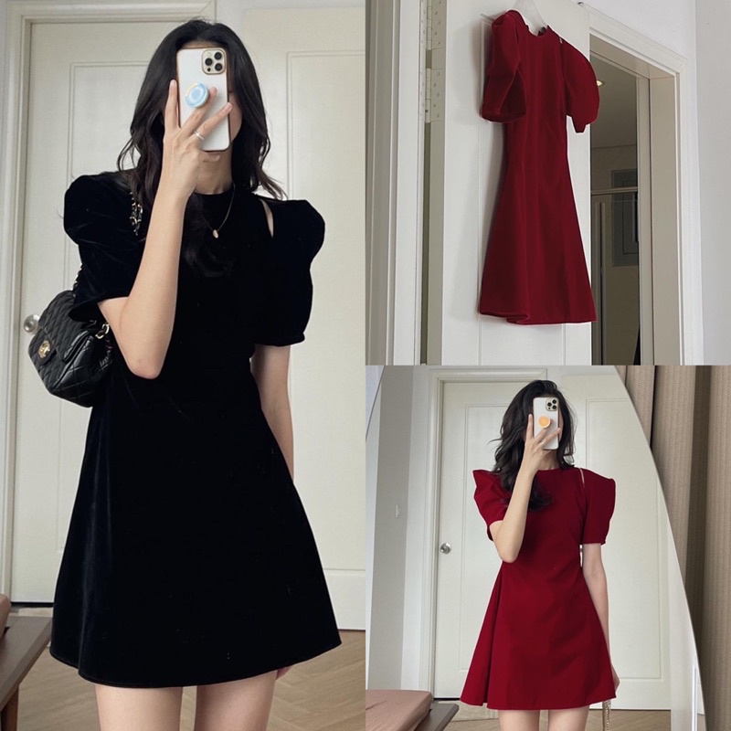 [Ảnh thật/Video] Đầm thiết kế phá cách khoét vai xoè nhẹ sang trọng Váy cổ tròn phong cách của quý cô