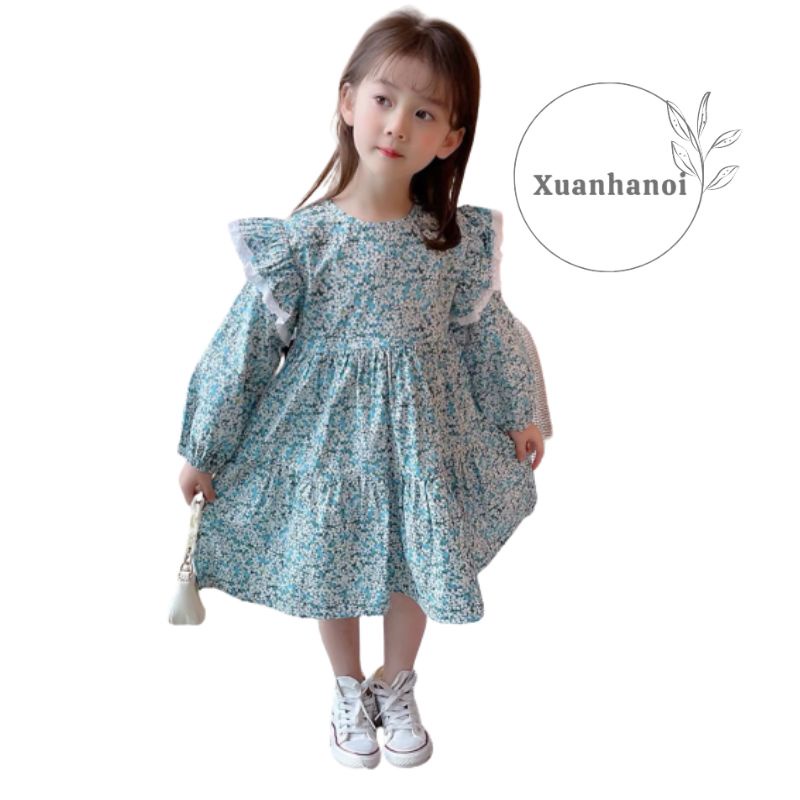 Váy bé gái dài tay tay cánh tiên ren hoa nhí xanh 8-30kg XHN1075