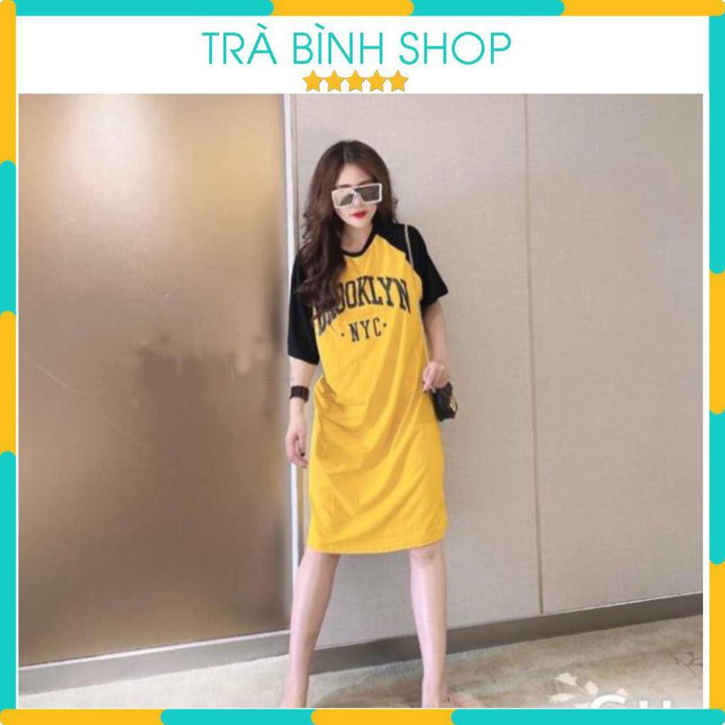 Đầm Dáng Suông Váy Dáng Dài Tay Lỡ Tay Phối Viền Đen Họa Tiết Chữ NYC Chất Thun Cotton Hàng VNXK Đẹp