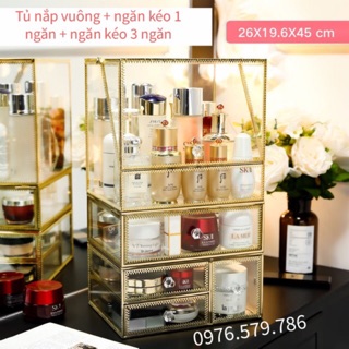 Tủ đựng mỹ phẩm nắp vuông + ngăn kéo thuỷ tinh bao viền màu vàng
