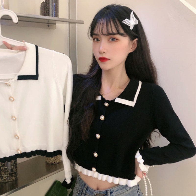 Áo Dệt Kim Tay Dài Cổ Búp Bê Xinh Xắn Thời Trang Cho Nữ