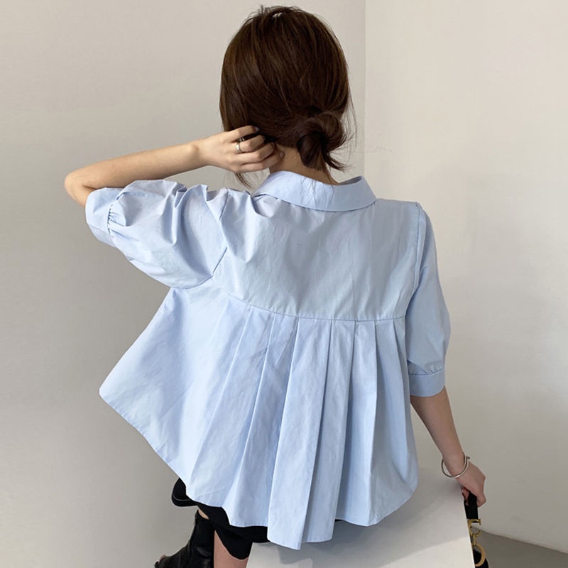 Áo Sơ Mi Dáng Dài Lưng Cao Xếp Ly Thời Trang Hàn Quốc Dành Cho Nữ