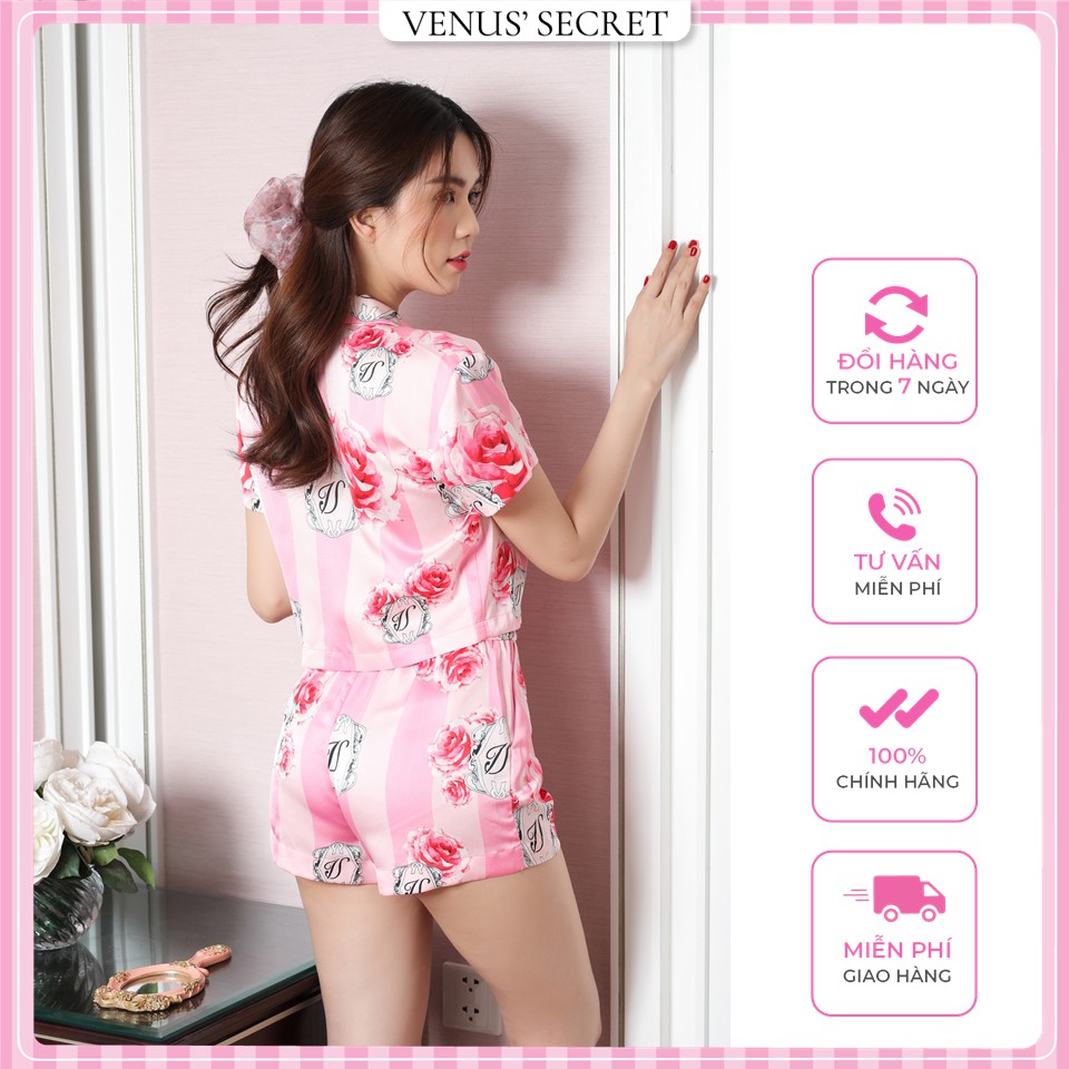 Bộ Đồ Ngủ Short Lụa Cao Cấp Họa Tiết Hồng VenusSecret