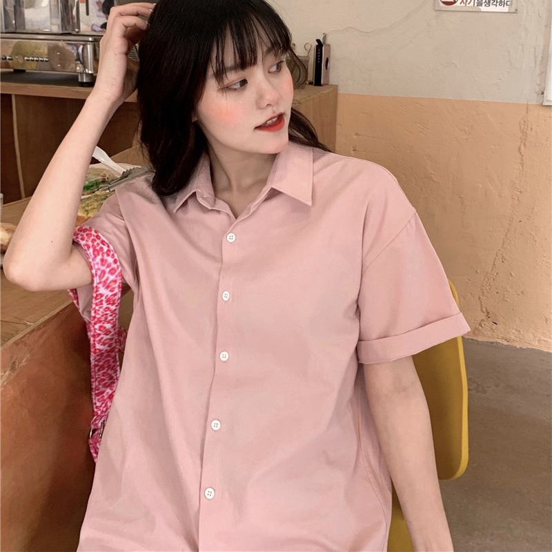 Áo sơ mi nữ SUXI tay ngắn dáng rộng màu trơn kiểu Hàn Quốc thời trang mùa hè