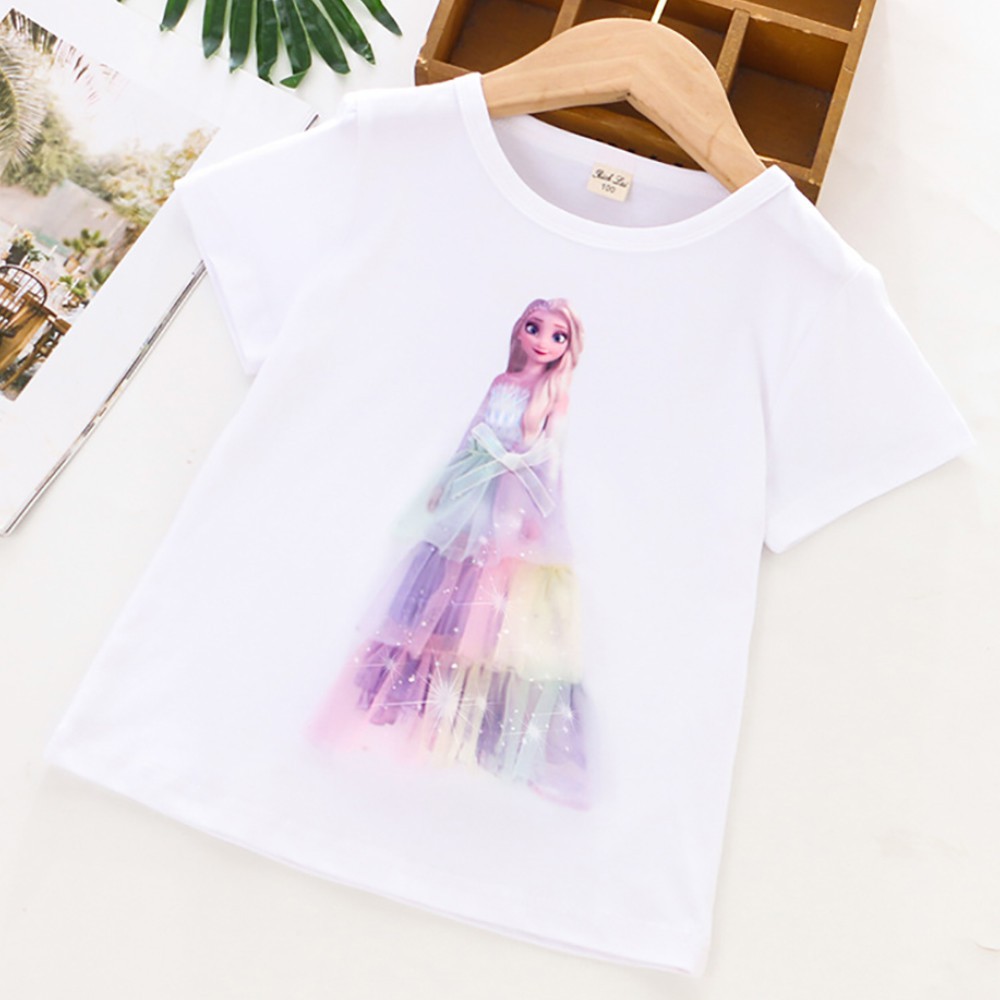 Áo phông bé gái Elsa Công Chúa ngắn tay cổ tròn đính họa tiết 3D cho bé gái