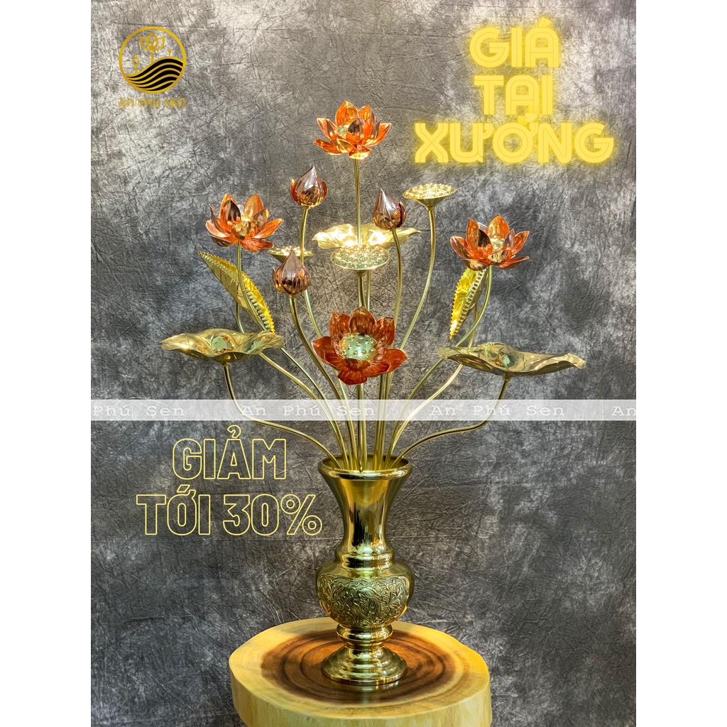 BÓ HOA SEN ĐỒNG TRANG TRÍ BAN THỜ CHẤT LIỆU ĐỒNG VÀNG SIÊU DÀY DẶN