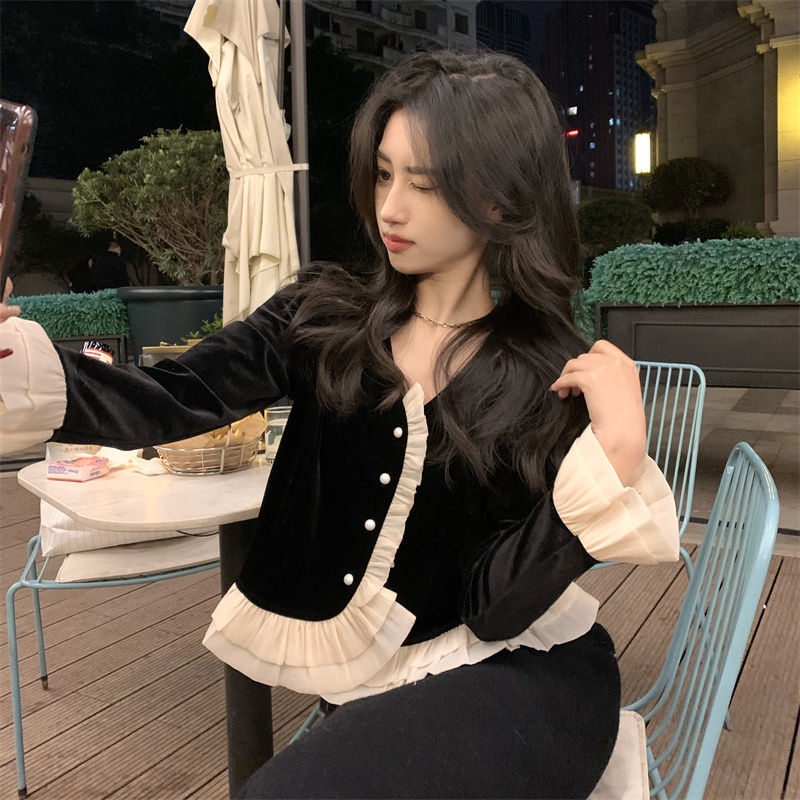 Áo Nhung Cổ Chữ V Thiết Kế Phong Cách Châu Âu Thời Trang Xuân Thu Mới