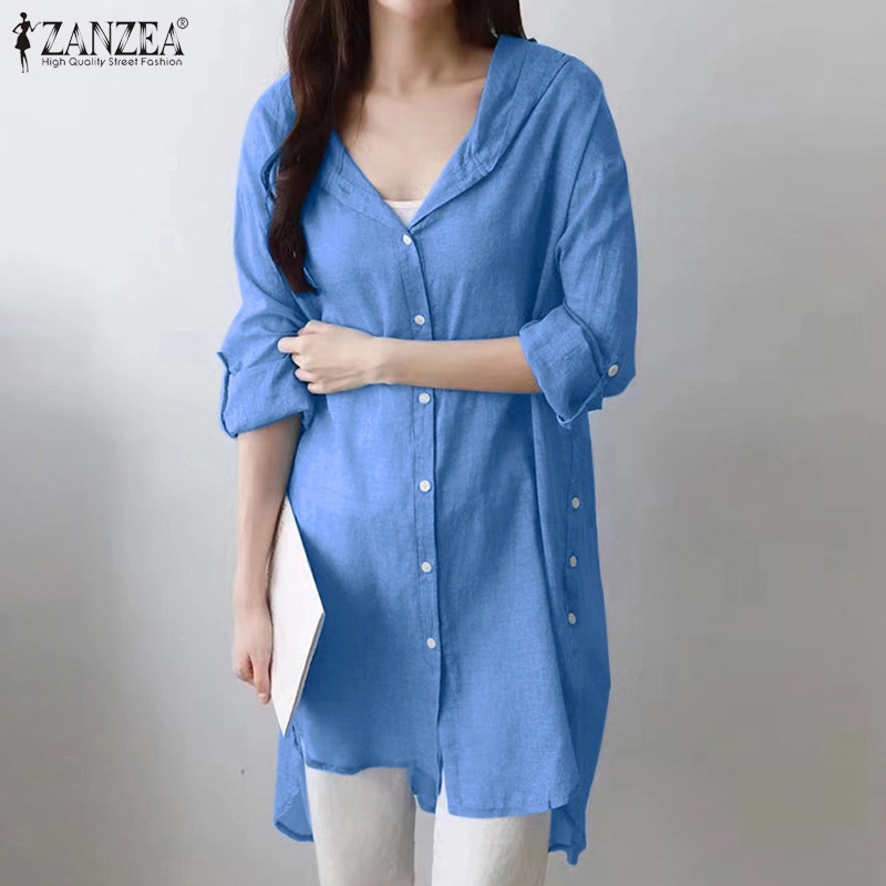 ZANZEA Áo Kiểu Dài Tay Có Mũ Trùm Đầu Phối Nút Xẻ Tà Thời Trang Cho Nữ
