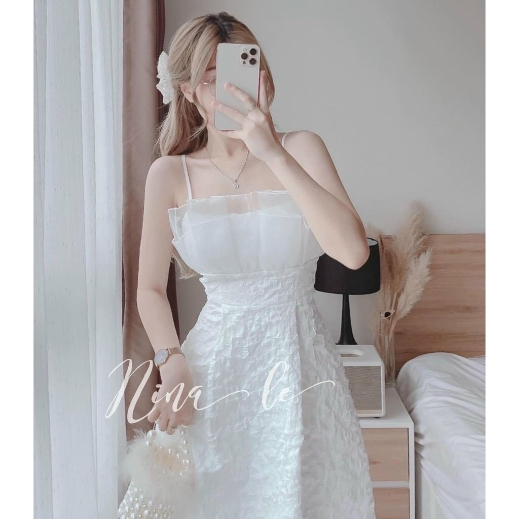 [HCM] Đầm Nữ Xòe 2 Dây Xếp Ly Ngực Phối Voan Kiếng 2 Lớp Thời Trang Nữ Sam Closet Free Size 40-55kg