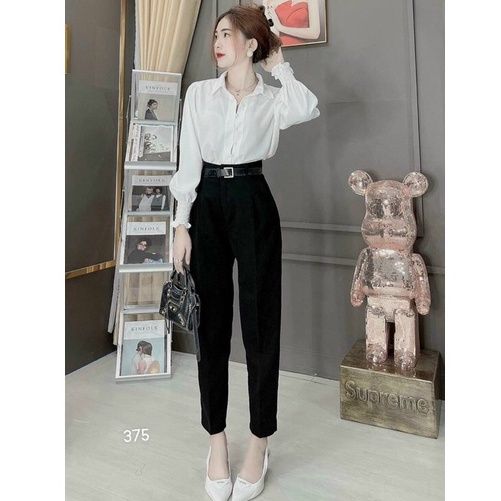 Quần tây nữ công sở lưng cao dáng dài màu đen chất vải tuyết mưa mềm - Quần baggy nữ bigsize đi học cạp cao ống đứng co