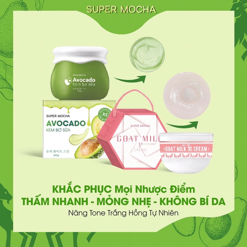 Combo Kem Bơ Sữa + Body Sữa Dê SUPER MOCHA - Bộ đôi dưỡng trắng ,dưỡng mịn siêu hấp dẫn