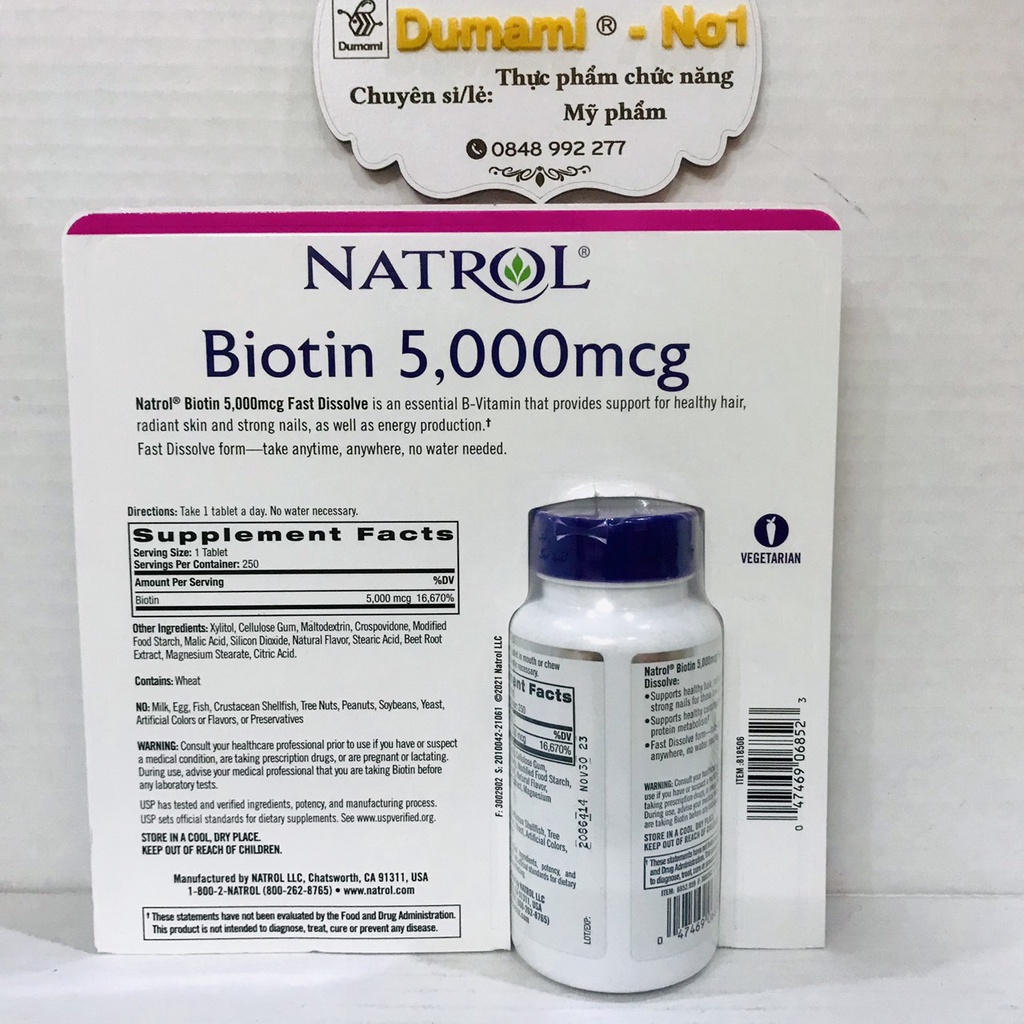 Viên Ngậm Hỗ Trợ Mọc Tóc Natrol Biotin 5000mcg 250 Viên - Biotin 5000 mcg của Mỹ