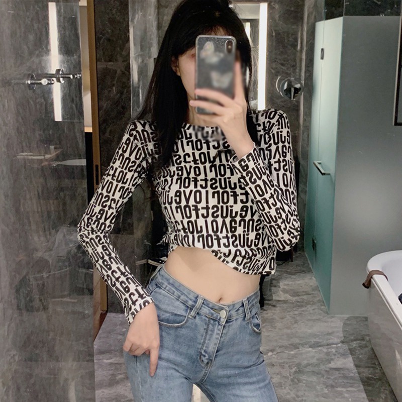 Áo Phông Áo Thun Áo Croptop Tay Dài Hoạ Tiết Chữ In Thiết Kế Đơn Giản Cho Nữ