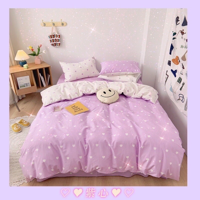 Bộ chăn ga gối cotton poly -mẫu trái tim hồng trắng-luis bedding miễn phí bo chun