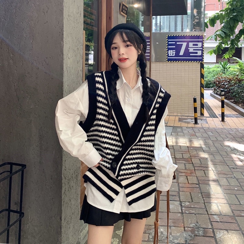 FREESHIP ÁO GILE KẺ SỌC CÀI CÚC VINTAGE NÂU XANH ĐEN