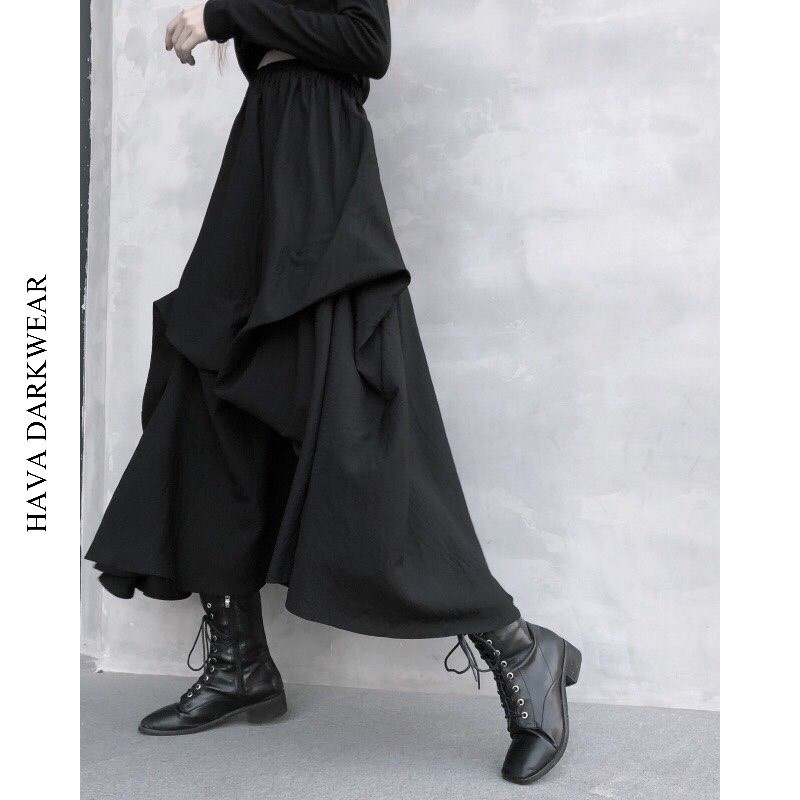 Chân váy đen HAVADW xếp tầng dáng dài phong cách darkwear cá tính chất trượt hàn mềm mát CV26