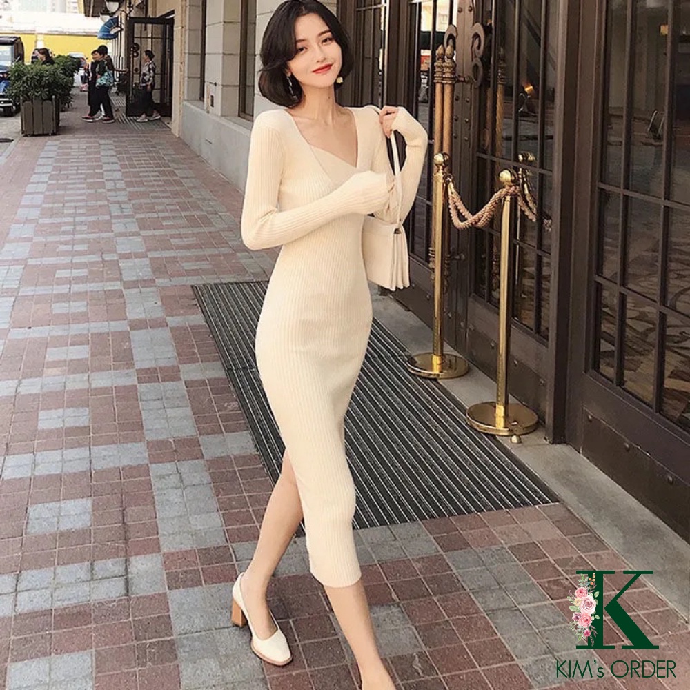 Váy len nữ ôm sát bút chì body cổ vạt kiểu chữ V màu be đen nâu dài tay dáng dài xẻ sau style sang chảnh Hàn Quốc