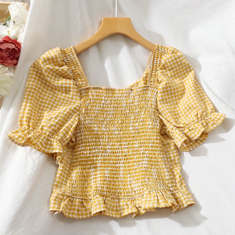 Áo Sơ Mi Chiffon Cổ Vuông Tay Ngắn Họa Tiết Kẻ Sọc Thời Trang Mùa Hè Hàng Mới 2023 Dành Cho Bạn Nữ