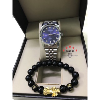 Đồng hồ Nam Halei dây thép- Tặng 1 vòng tỳ hưu - dây trắng mặt xanh
