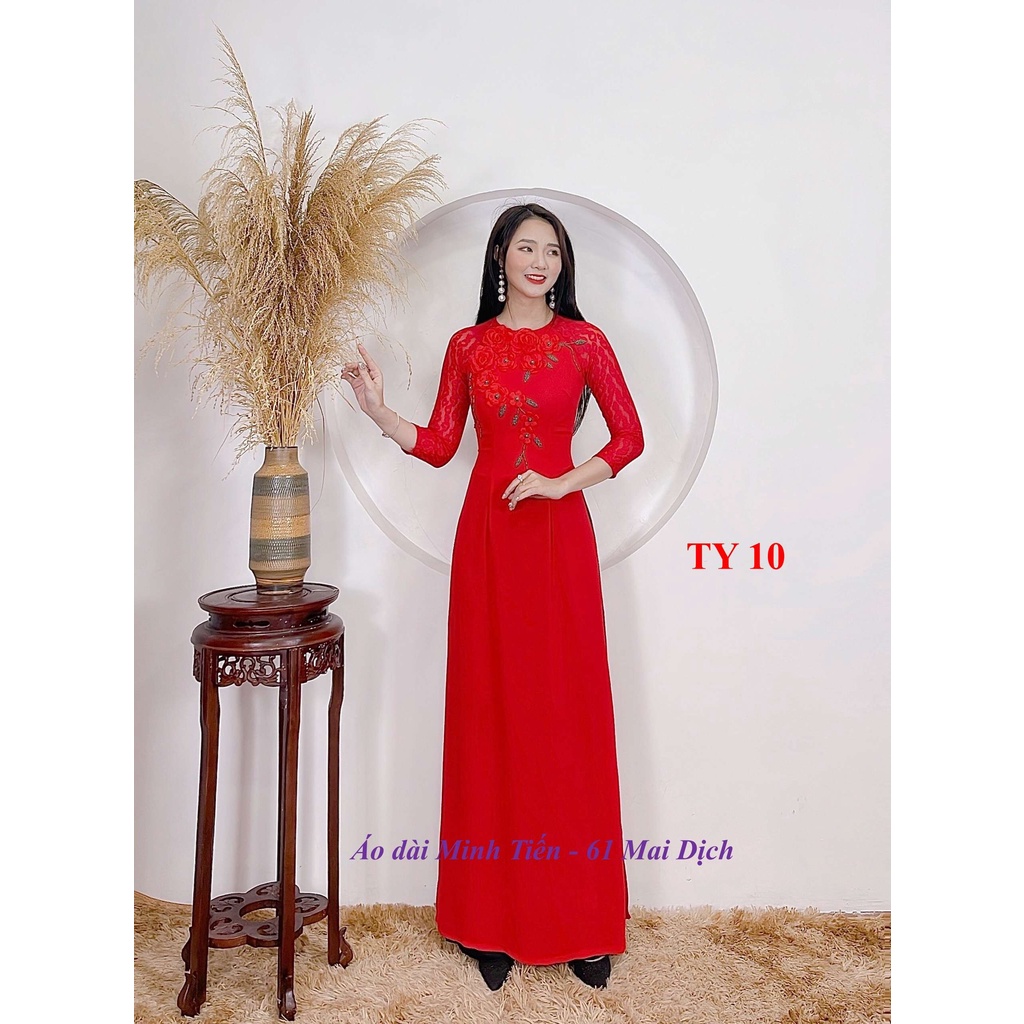 Áo Dài Lụa Tằm Ý Cao Cấp Họa Tiết Đính Kết Thủ Công Tỉ Mỉ, Tay Phối Ren Cách Điệu - Mã TY10