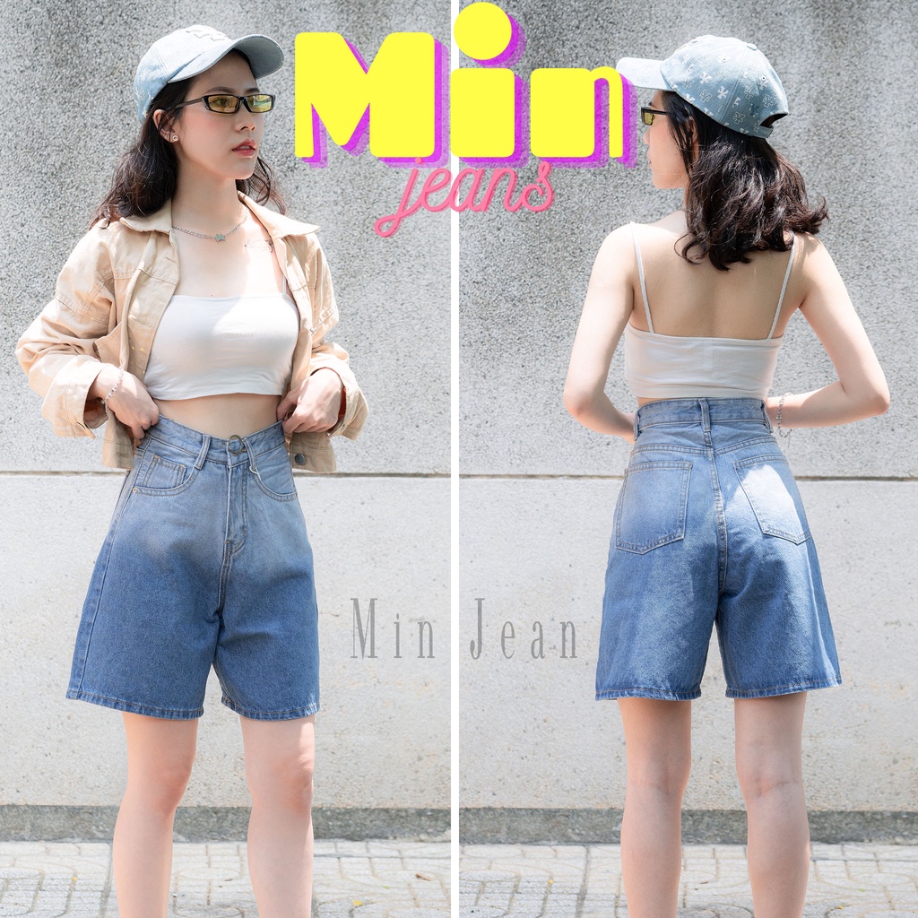 Quần Ngố Jean Nữ Lưng Cao Ombre MinJean M062 Tôn Dáng, Quần Lửng Nữ Loang Màu Lai Cuốn Vải Jean Không Co Giãn