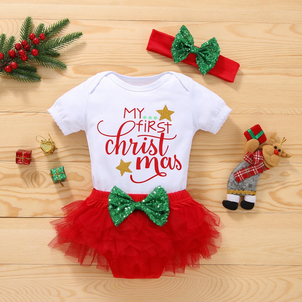 Bộ đồ 3 món BCBL gồm áo liền quần + chân váy tutu + băng đô nơ phong cách giáng sinh cho bé gái