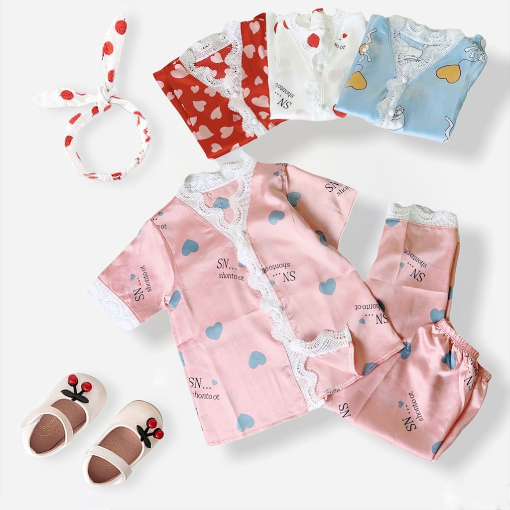 Bộ Đồ Ngủ Pijama Lụa Satin Tay Ngắn Siêu Xinh, Cộc Dài Mềm Mịn Cho Bé Gái BN23