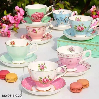 Tách trà - sứ xương viền vàng - tách kiểu Anh kèm đĩa lót và thìa với 13 mẫu họa tiết chấm bi, hoa lá