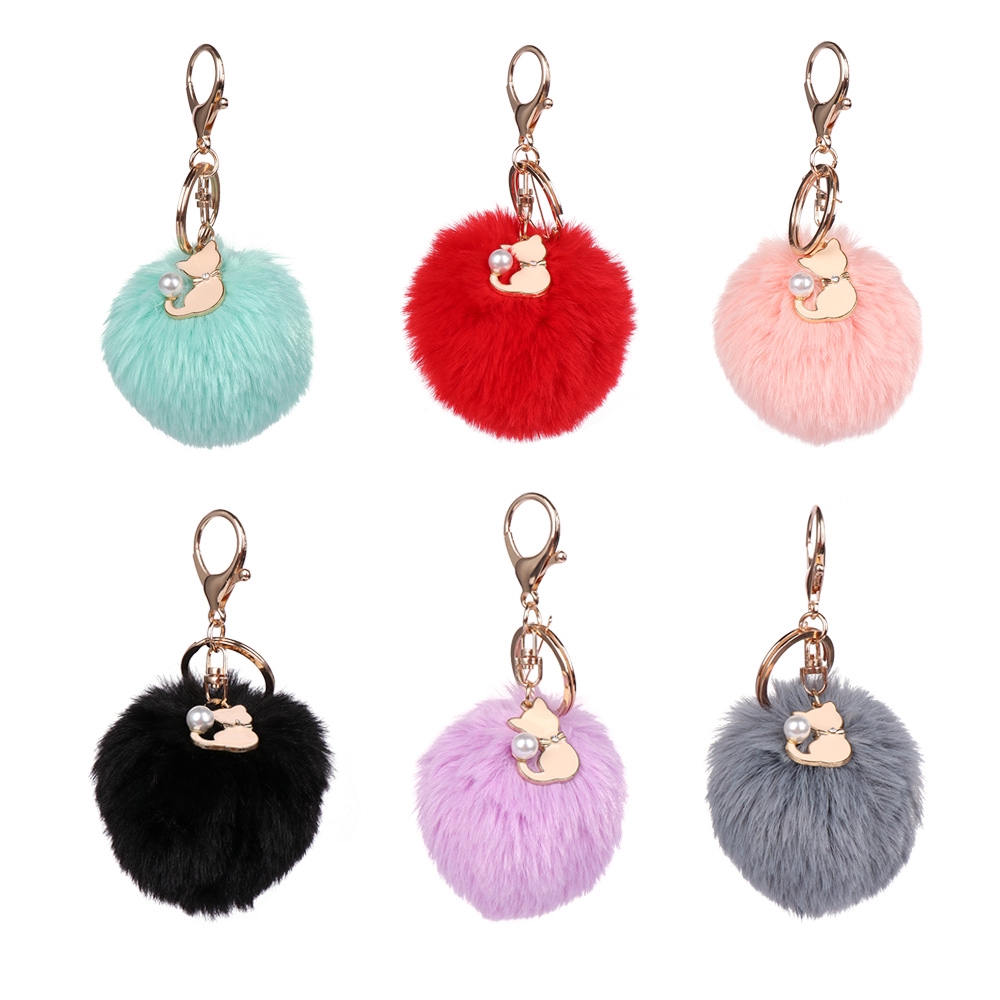 Móc chìa khóa đính banh lông nhân tạo đáng yêu cho nữ
