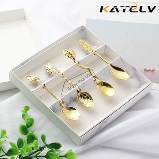 Bộ 4 muỗng uống trà/ cà phê KATELV bằng kim loại sáng bóng mạ vàng hoàng gia chất lượng cao có thể tái sử dụng kèm hộp