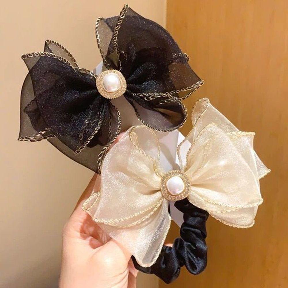 Dây Buộc Tóc Vải Voan Phối Lưới Đính Nơ Phong Cách Vintage Cho Nữ