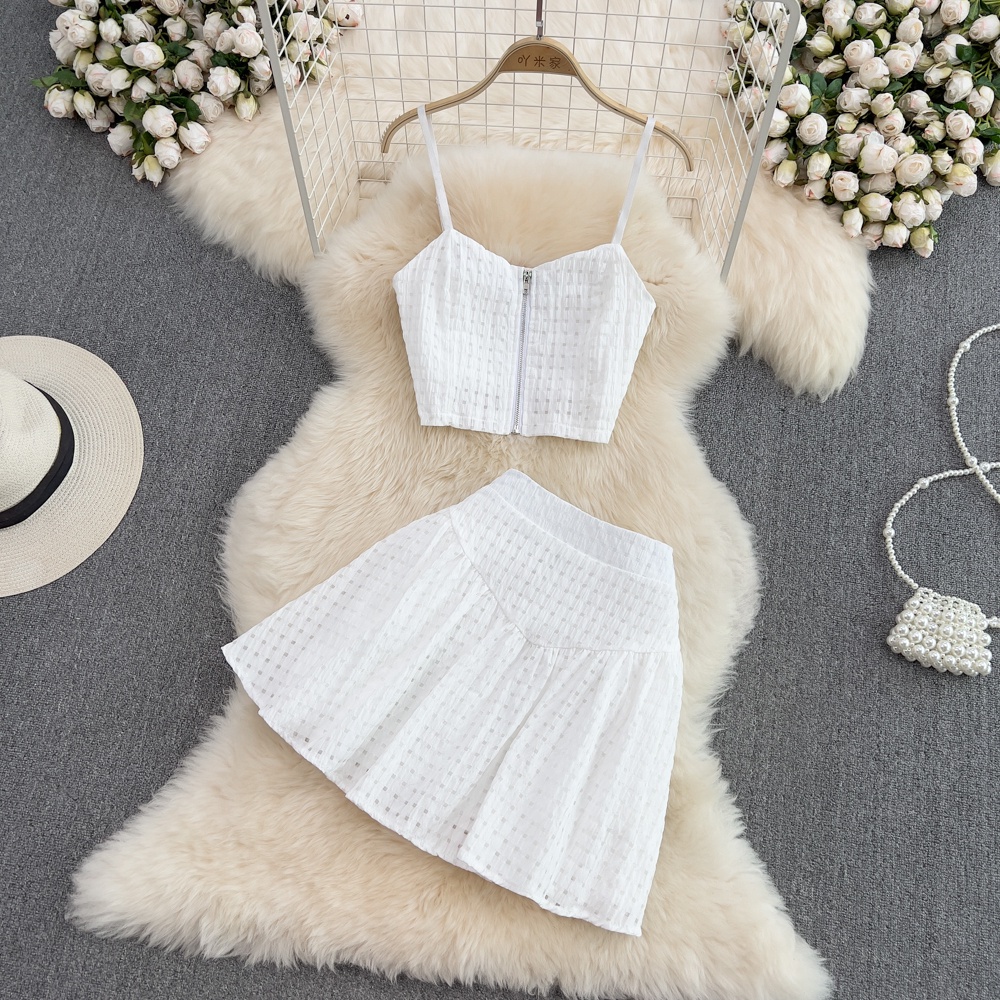🌸Hàng Order🌸(Đủ Màu) Sét Váy Đầm 2 Dây In Nổi Phối Khoá Kết Hơp Chân Váy Xoè Cạp Cao Trẻ Trung Nữ Tính🌸Hàng Quảng Châu